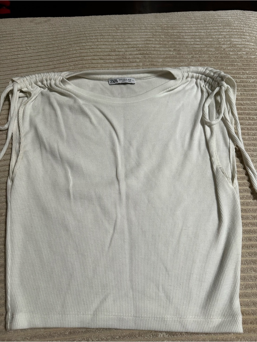 Zara White Ribbed Tie-Shoulder Women's Top